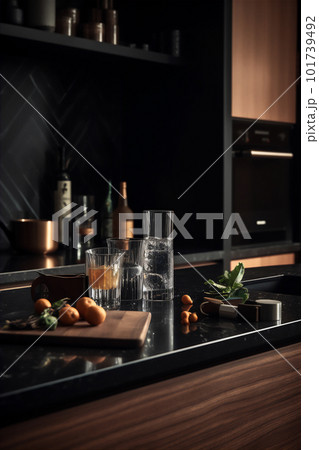 Minimalistic bar setup with some bottles and glasses on the counter. AI generated image 101739492