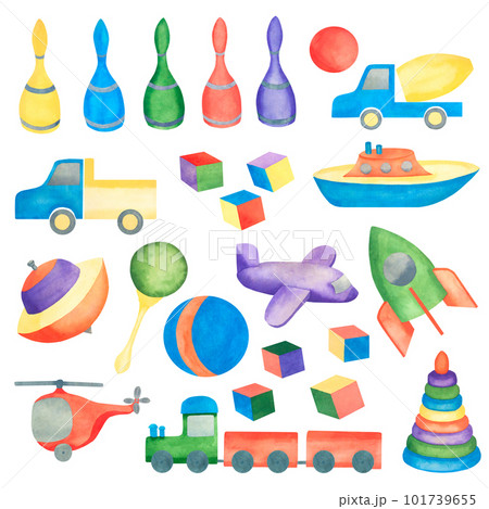 Kids toys. Watercolor illustration of a set of children's toys. Illustration for kids. Kids toys. Watercolor illustration of a set of children's toys. Illustration for kids. 101739655