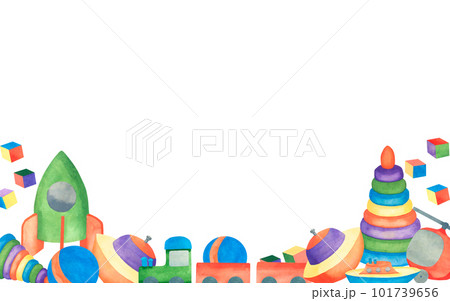 Kids toys. Watercolor illustration of pyramid, spinning top, helicopter, ship, cube, train, ball, rocket. Illustration for children. The set is painted with watercolors. Banner on white background Kids toys. Watercolor illustration of pyramid, spinning top, helicopter, ship, cube, train, ball, rocket. Illustration for children. The set is painted with watercolors. Banner on white background 101739656