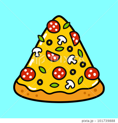 Cute funny piece of pizza. Vector hand drawn cartoon kawaii character illustration icon. Isolated on blue background. Pizza character concept 101739888
