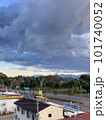 View from the roof of the house to the roofs of houses to the sea, mountains and park, thick low clouds 101740052