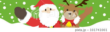 ポップで可愛い仲良しサンタクロースとトナカイのクリスマスブログヘッダー背景イラスト 101741001