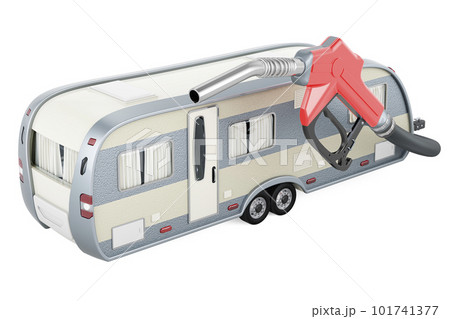 Caravan, camper trailer with fuel pump nozzle. 3D rendering Caravan, camper trailer with fuel pump nozzle. 3D rendering 101741377