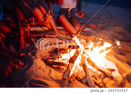 Fried sausages on bonfire. Group of young friends sitting on beach and fry sausages. Camping time. Fried sausages on bonfire. Group of young friends sitting on beach and fry sausages. Camping time. 101741437