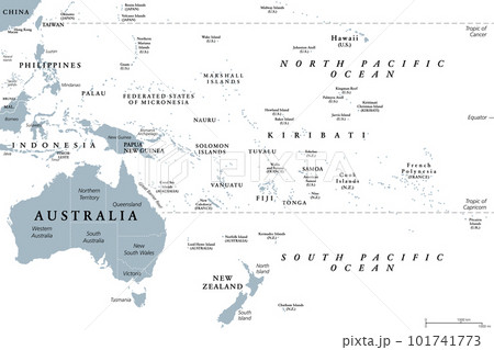 Oceania, gray political map. Australia and the Pacific, including New Zealand. Geographic region, southeast of the Asia-Pacific region, including Australasia, Melanesia, Micronesia and Polynesia. 101741773