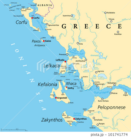 Ionian Islands Region of Greece, political map. Greek group of islands in the Ionian Sea. Corfu (Kerkyra), Paxos and Antipaxos, Lefkada, Kefalonia (Cephalonia), Ithaca (Ithaki), and Zakynthos (Zante). 101741774