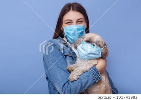 image of dark haired female with dog in hands, lady wearing face mask on her pet for fun, posing isolated over blue studio background, protects from virus. Corona virus, covid19, quarantine concept. image of dark haired female with dog in hands, lady wearing face mask on her pet for fun, posing isolated over blue studio background, protects from virus. Corona virus, covid19, quarantine concept. 101741983