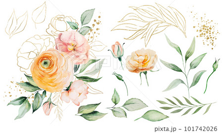 Bouquet with orange and yellow watercolor flowers and green leaves, single elements, illustration 101742026