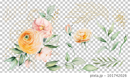 Bouquet with orange and yellow watercolor flowers and green leaves, single elements, illustration 101742026