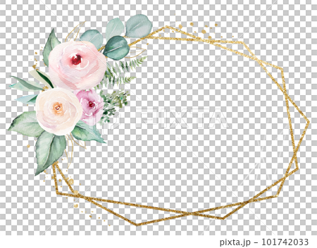 Oval Frame with pink watercolor flowers and light green leaves, wedding illustration 101742033