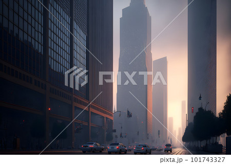 Urban skyscrapers at early foggy morning in the city district. Neural network AI generated art 101743327