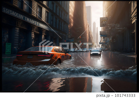 Flood in city center with light sky after heavy rain. Neural network AI generated art 101743333