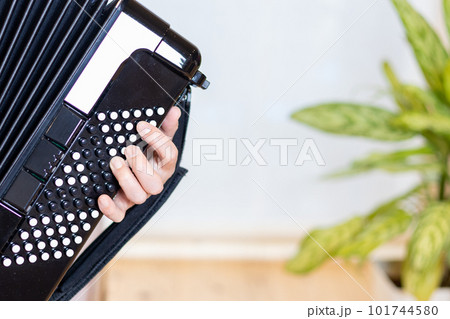 クロマチックボタン式アコーディオンを弾いている男性の手元 クロマチックボタン式アコーディオンを弾いている男性の手元 101744580