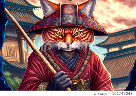 Cat samurai in traditional drawing style. Japanese styled art with kitten warrior in kimono. Generated AI. 101746043