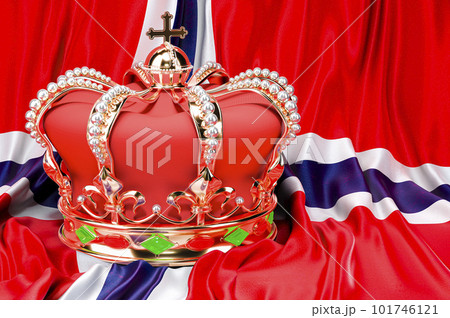 Royal golden crown with jewels on the Kingdom of Norway flag background, 3D rendering 101746121