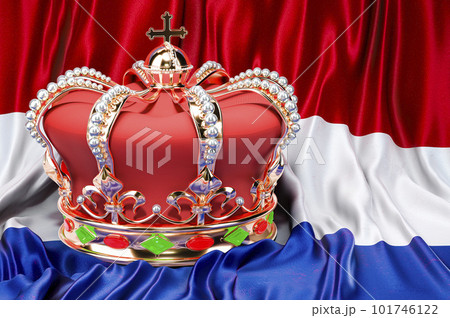 Royal golden crown with jewels on the Kingdom of the Netherlands flag background, 3D rendering Royal golden crown with jewels on the Kingdom of the Netherlands flag background, 3D rendering 101746122