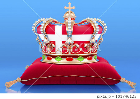 Royal golden crown on pillow with the Kingdom of Denmark flag, 3D rendering Royal golden crown on pillow with the Kingdom of Denmark flag, 3D rendering 101746125