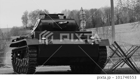 German Wehrmacht Light Panzer Tank Moves Into Position. German Wehrmacht World War Ii Automotive. Armored Combat Tank. Reconstruction Of Battles World War Ii. Black And White Video 101746553