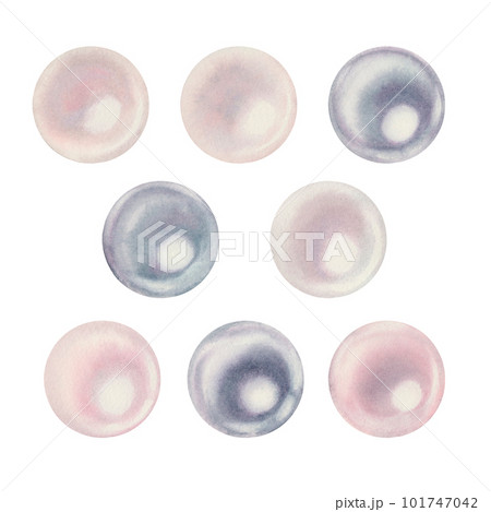 Watercolor hand drawn illustration of sea pearls. Groups and individual beads for the design of patterns, invitations, cards, wallpapers, postcards Elements isolated on white background Watercolor hand drawn illustration of sea pearls. Groups and individual beads for the design of patterns, invitations, cards, wallpapers, postcards Elements isolated on white background 101747042