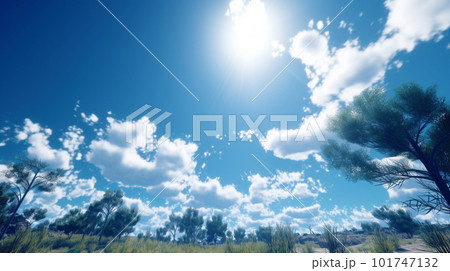 広い青空と雲と緑の草原 ,AI生成画像 101747132