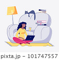 Remote work from home online, creative space, self-realization, freelancer working on laptop in his kitchen. Vector Illustration in flat style. 101747557