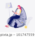 Young Woman Works and Rests in Comfortable Conditions. Vector characters flat cartoon illustration. 101747559