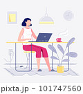 Remote work from home online, creative space, self-realization, freelancer working on laptop in his kitchen. Vector Illustration in flat style. 101747560
