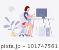 Woman working or studying online while at home. Freelancer sits at table with computer in informal clothes, wrapped in blanket and barefoot. Vector characters flat cartoon illustration. 101747561
