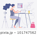 Freelance work. Young female photographer is working at home on computer. Home interior, coworking. Concept of self-employment. Vector characters flat cartoon illustration. 101747562