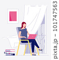 Online employment or study. Woman, freelance character, working at home on laptop, in comfortable environment, sitting in chair near open window, surrounded by books. Vector characters illustration. 101747563