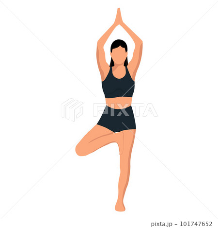 A faceless girl in a tree pose practices yoga. The concept of a healthy lifestyle. Isolated object on a white background. Vector image. 101747652