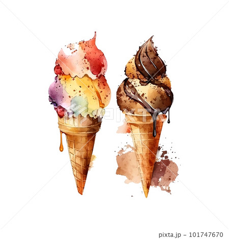 Chocolate ice cream waffle cone, Watercolor drawing, isolated on white. Vector. 101747670