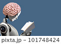 A humanoid cybernetic robot with a big organic human brain implant reading a book and harvesting datum against a plain blue background with copy space for text - Generative AI 101748424