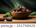 A pile of cocoa beans in a wooden bowl with green leaves and jungle forest background - Generative AI 101748426