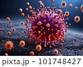 An illustrated concept of microscopic close-up of a coronavirus particle with spike proteins, red against a dark blue background - Generative AI 101748427