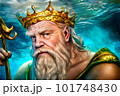 Fantasy art digital illustration of King Triton, god of the sea, wearing a crown and holding a trident underwater - Generative AI 101748430