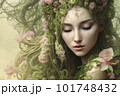 A fantasy art illustration of a mystical beautiful white Caucasian young woman surrounded by elements of nature - Generative AI 101748432