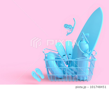 Colorful luggage with beach accessories and shopping basket on monochrome 101748451