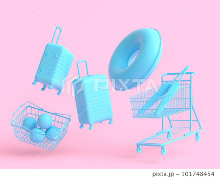 Colorful luggage with beach accessories and shopping basket on monochrome 101748454