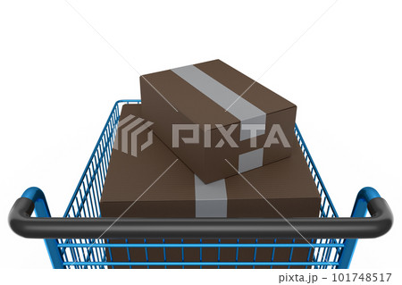 Shopping cart or trolley with cardboard boxes on white background. Shopping cart or trolley with cardboard boxes on white background. 101748517