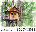 Water color painting of a wooden structure treehouse shelter in a forest of trees - Generative AI 101748544