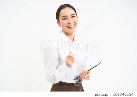 Beautiful asian woman, entrepreneur with digital tablet, working on business project, leading meeting and looking at notes on device, white background Beautiful asian woman, entrepreneur with digital tablet, working on business project, leading meeting and looking at notes on device, white background 101749154