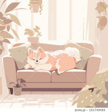 Cute dog having a nap on a soft couch in a bright apartment Cute dog having a nap on a soft couch in a bright apartment 101749483
