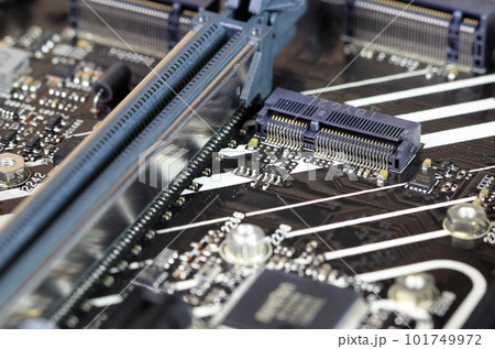 close up PCIe M.2 e key frmale connector interface for Mini PCIe WiFi module on modern high performance computer. 101749972