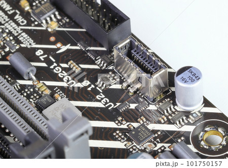 Close up USB type E female connector interface on modern high performance computer mainboard. 101750157