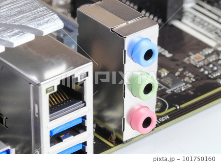 Multiple ports on modern computer mainboard show with USB 3.1, LAN, audio ports. Multiple ports on modern computer mainboard show with USB 3.1, LAN, audio ports. 101750160