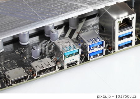 Multiple ports on modern computer mainboard show with HDMI, Display port, USB 3.2 type A and type C, usb 3.1 and LAN. 101750312