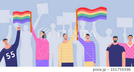 People placards posters with lgbt rainbow transgender flag, pride month, parade against violence, descrimination, human rights. Crowd mans womans on demonstration equality homosexuality. Flat vector People placards posters with lgbt rainbow transgender flag, pride month, parade against violence, descrimination, human rights. Crowd mans womans on demonstration equality homosexuality. Flat vector 101750396