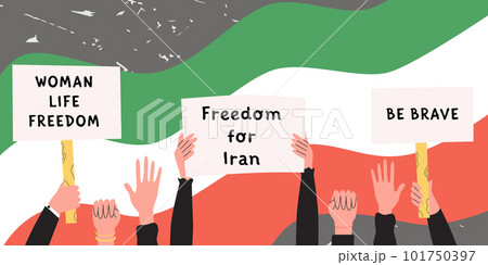Protests in Iran, women rights demonstration. protestor hands holding placards and posters. Supporting the protests against. Flat vector illustration in trendy colors Protests in Iran, women rights demonstration. protestor hands holding placards and posters. Supporting the protests against. Flat vector illustration in trendy colors 101750397
