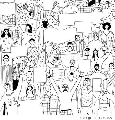 People with placards and posters. Group of protestors fist raised up in the air. Supporting the protests against. Crowd of mans and womans on demonstration. Hand drawn vector illustration 101750409